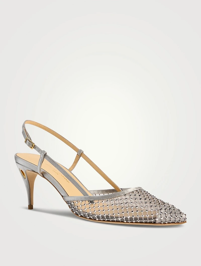 Mario Crystal Mesh And Satin Slingback Pumps