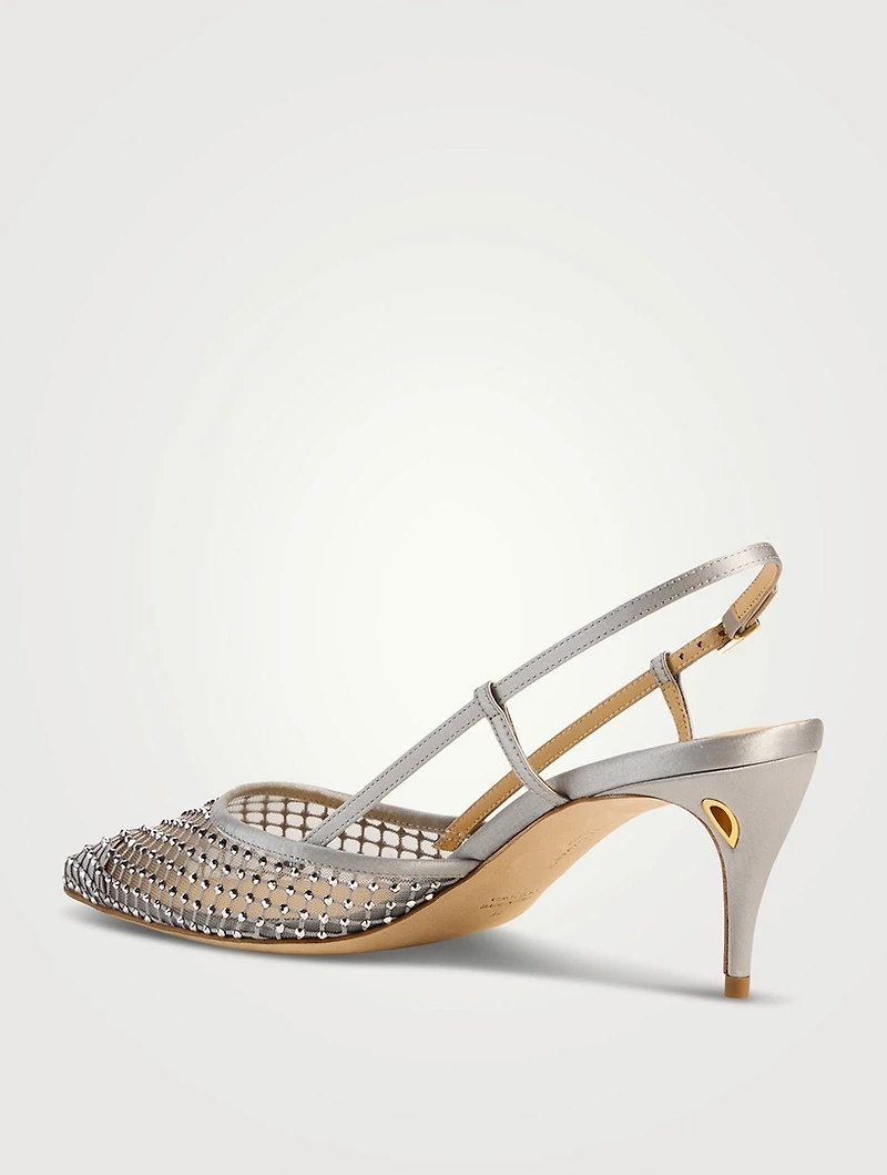 Mario Crystal Mesh And Satin Slingback Pumps