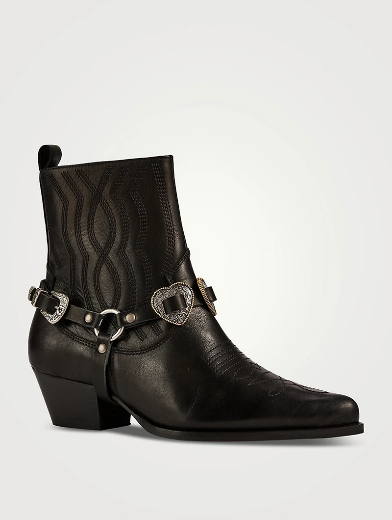 Blues Leather Western Ankle Boots With Harness