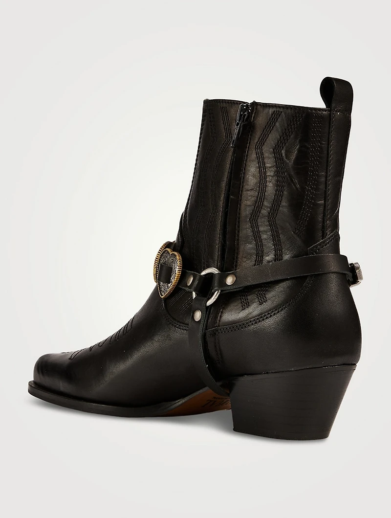 Blues Leather Western Ankle Boots With Harness