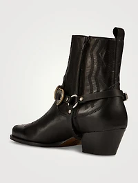 Blues Leather Western Ankle Boots With Harness