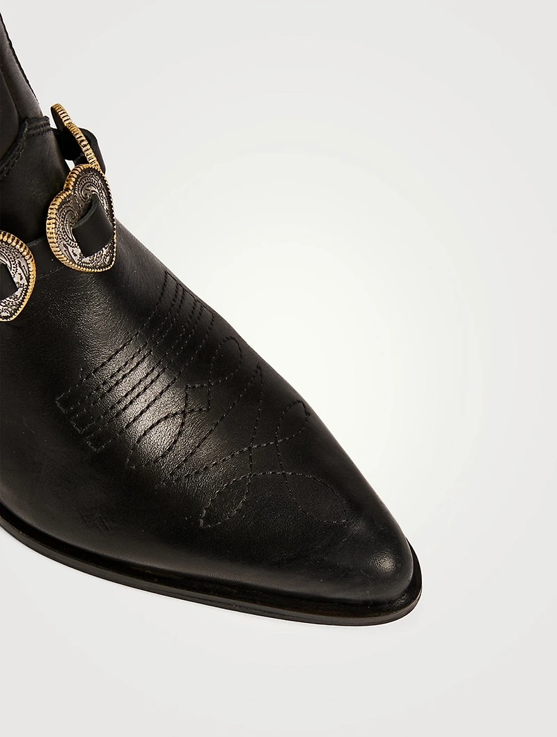 Blues Leather Western Ankle Boots With Harness