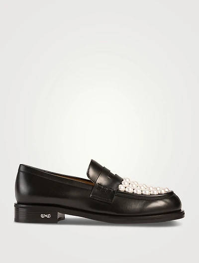 Sirene Pearl-Embellished Leather Penny Loafers