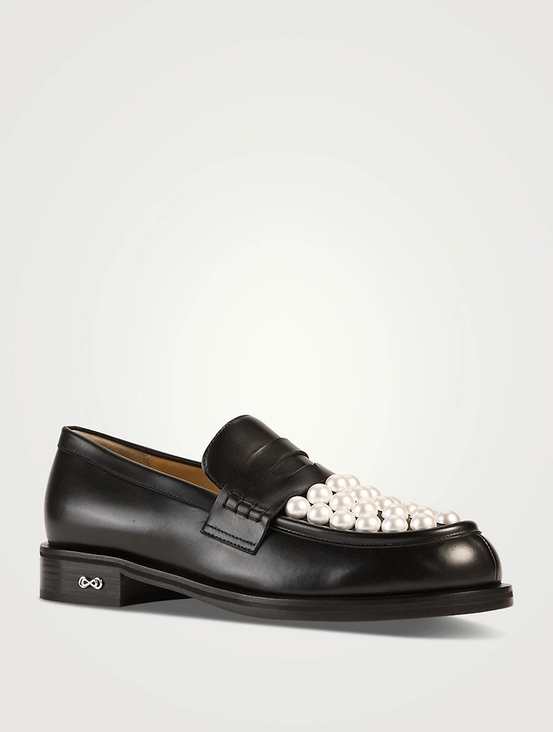 Sirene Pearl-Embellished Leather Penny Loafers