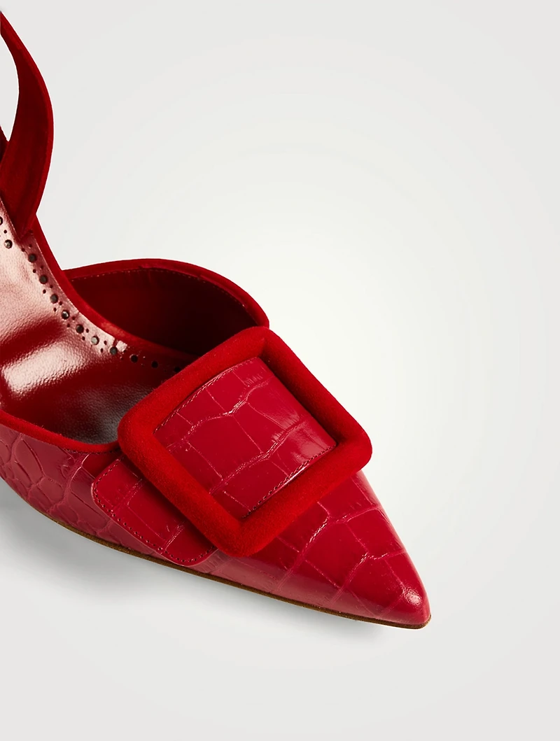 Mayslibi Croc-Embossed Leather Slingback Pumps