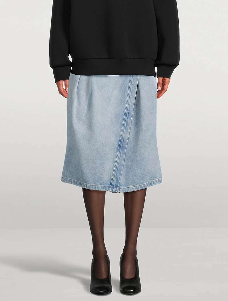 Pleated Asymmetrical Denim Skirt