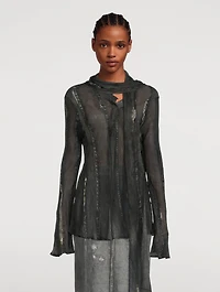 Tie-Neck Crêpe Blouse Denim Print