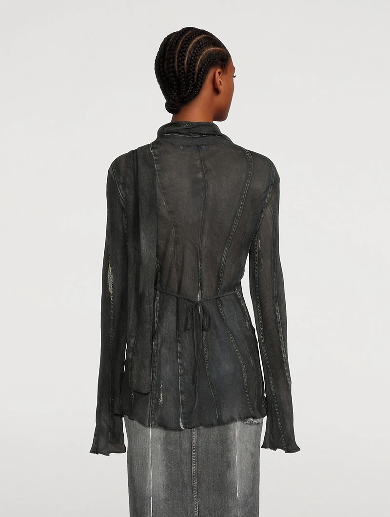 Tie-Neck Crêpe Blouse Denim Print