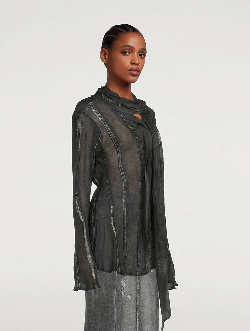 Tie-Neck Crêpe Blouse Denim Print