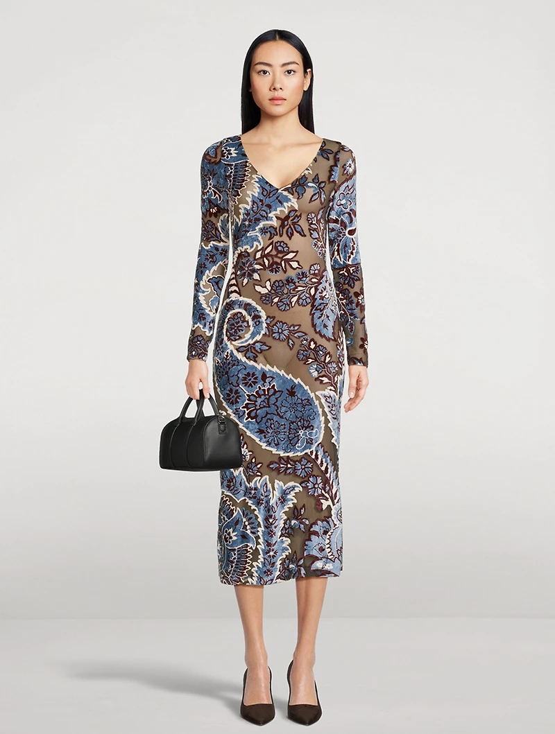 Velvet Midi Dress Paisley Print