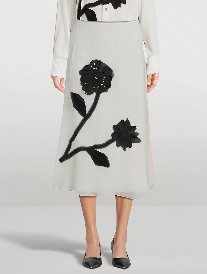 Floral Appliqué Chiffon Midi Skirt