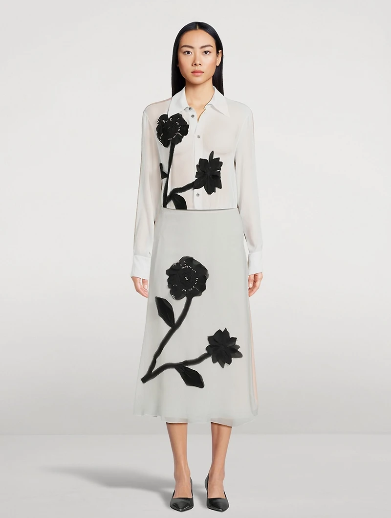 Floral Appliqué Chiffon Midi Skirt