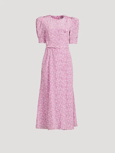 Belted Silk Midi Dress Clover Print