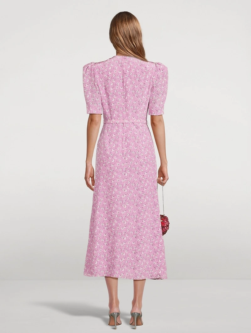 Belted Silk Midi Dress Clover Print