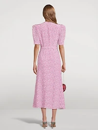 Belted Silk Midi Dress Clover Print