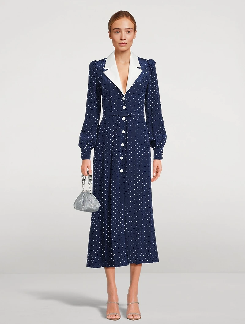 Belted Silk Midi Dress Polka Dot Print