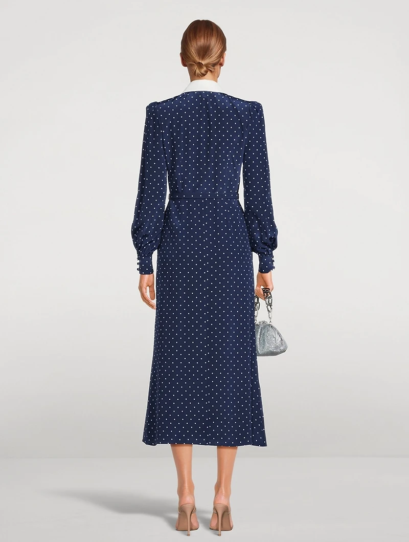 Belted Silk Midi Dress Polka Dot Print