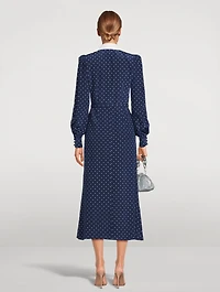 Belted Silk Midi Dress Polka Dot Print