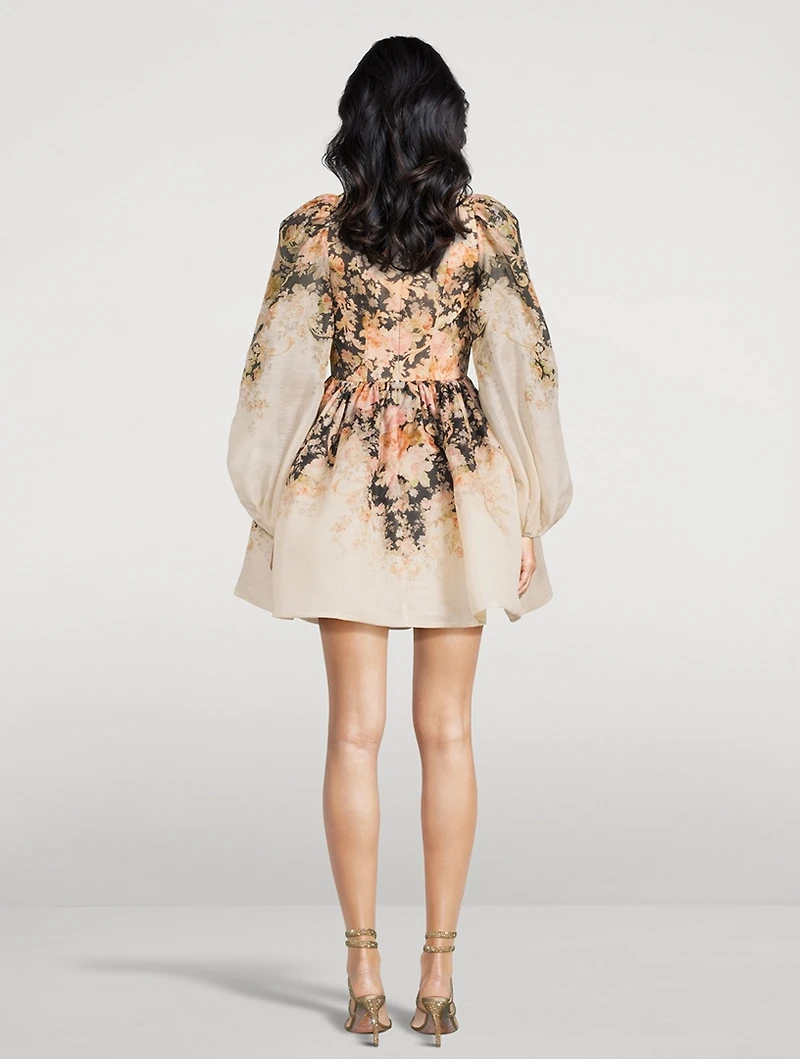 Illustration Puff-Sleeve Mini Dress Floral Print