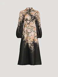 Illustration Puff-Sleeve Midi Dress Floral Print