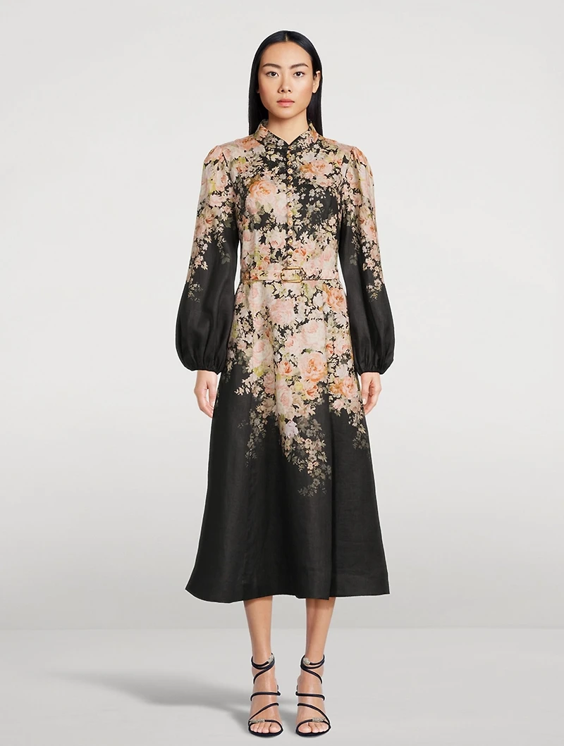 Illustration Puff-Sleeve Midi Dress Floral Print