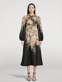 Illustration Puff-Sleeve Midi Dress Floral Print