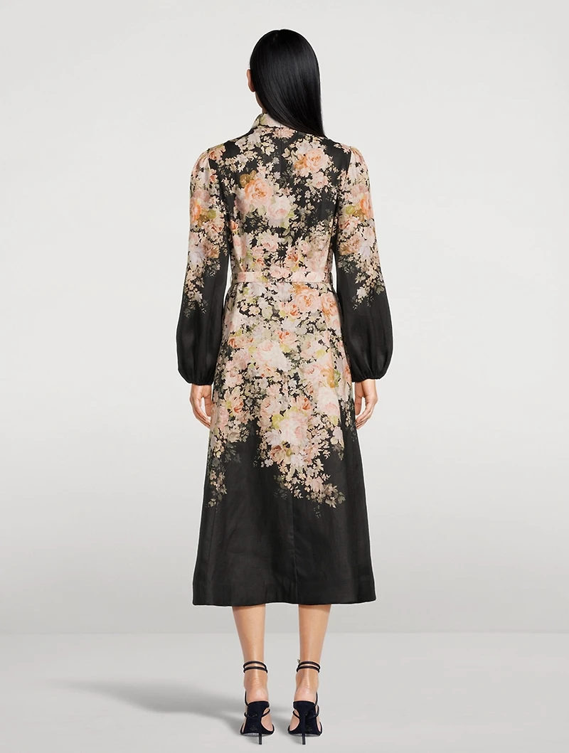 Illustration Puff-Sleeve Midi Dress Floral Print