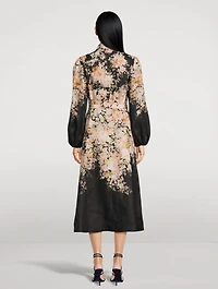 Illustration Puff-Sleeve Midi Dress Floral Print
