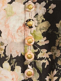 Illustration Puff-Sleeve Midi Dress Floral Print