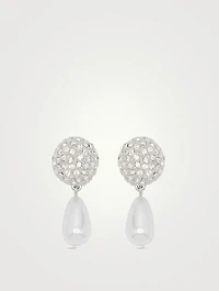 Clip-On Crystal Ball Earrings With Faux Pearl Drops