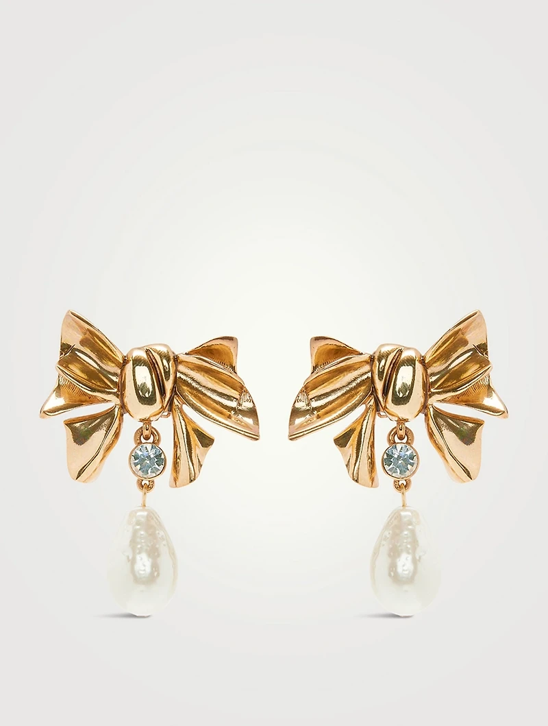 Bow Faux Pearl And Crystal Drop Earrings