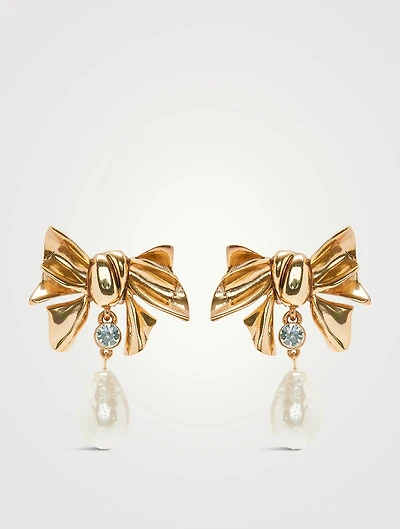 Bow Faux Pearl And Crystal Drop Earrings