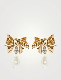Bow Faux Pearl And Crystal Drop Earrings