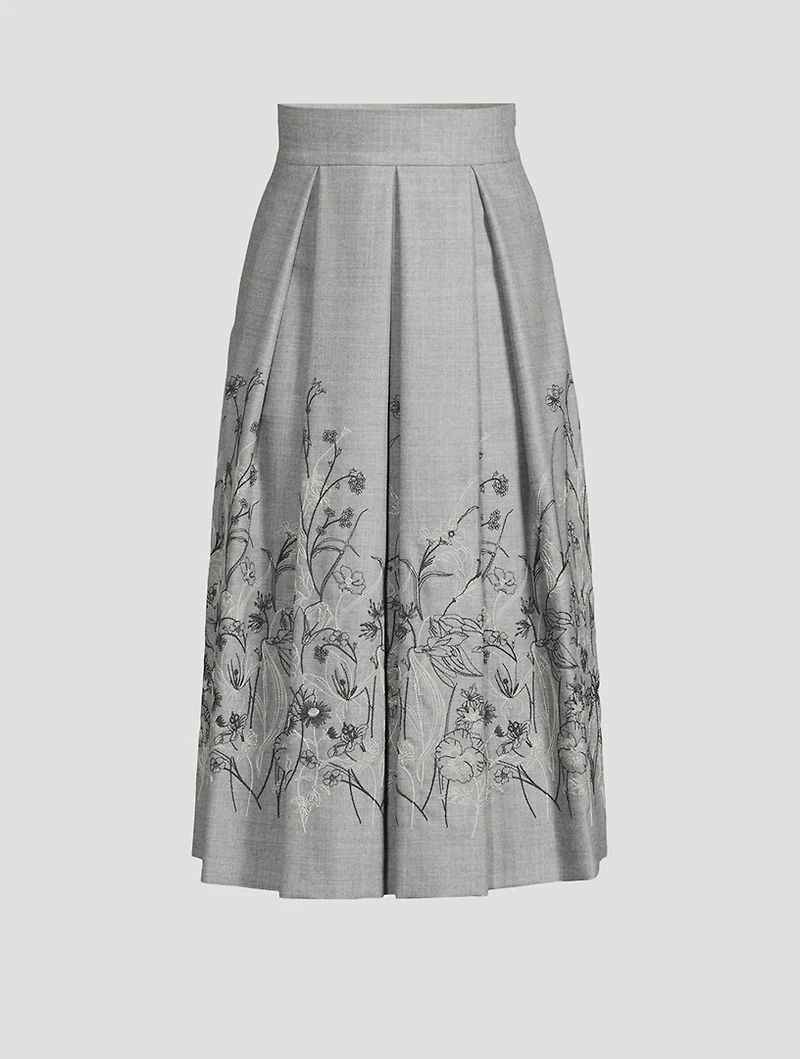 Floral-Embroidered Pleated Midi Skirt
