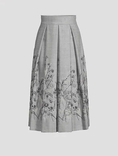 Floral-Embroidered Pleated Midi Skirt