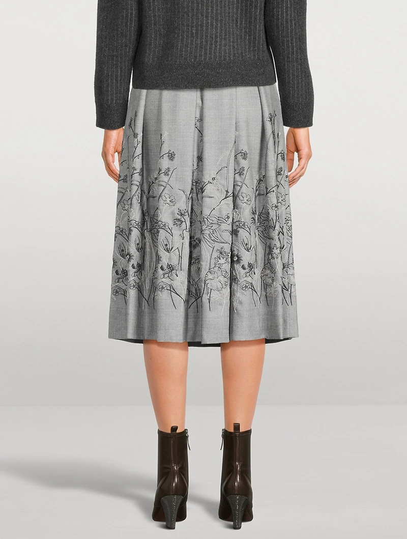 Floral-Embroidered Pleated Midi Skirt