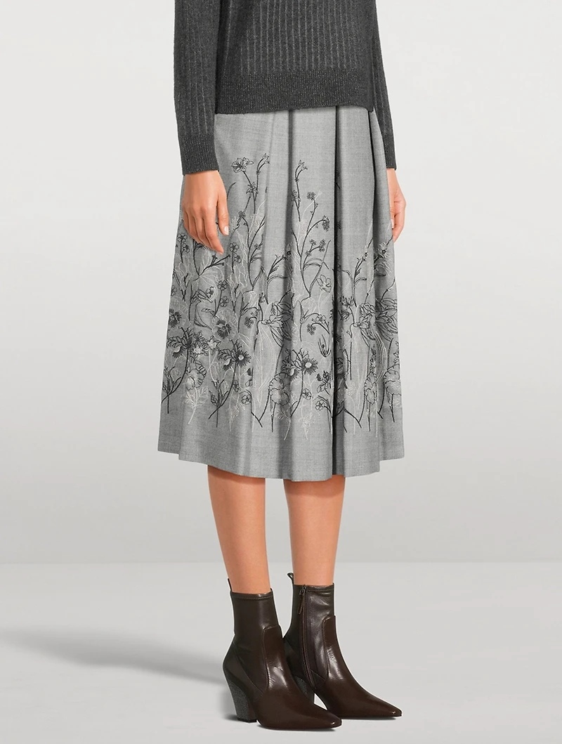 Floral-Embroidered Pleated Midi Skirt
