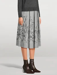 Floral-Embroidered Pleated Midi Skirt