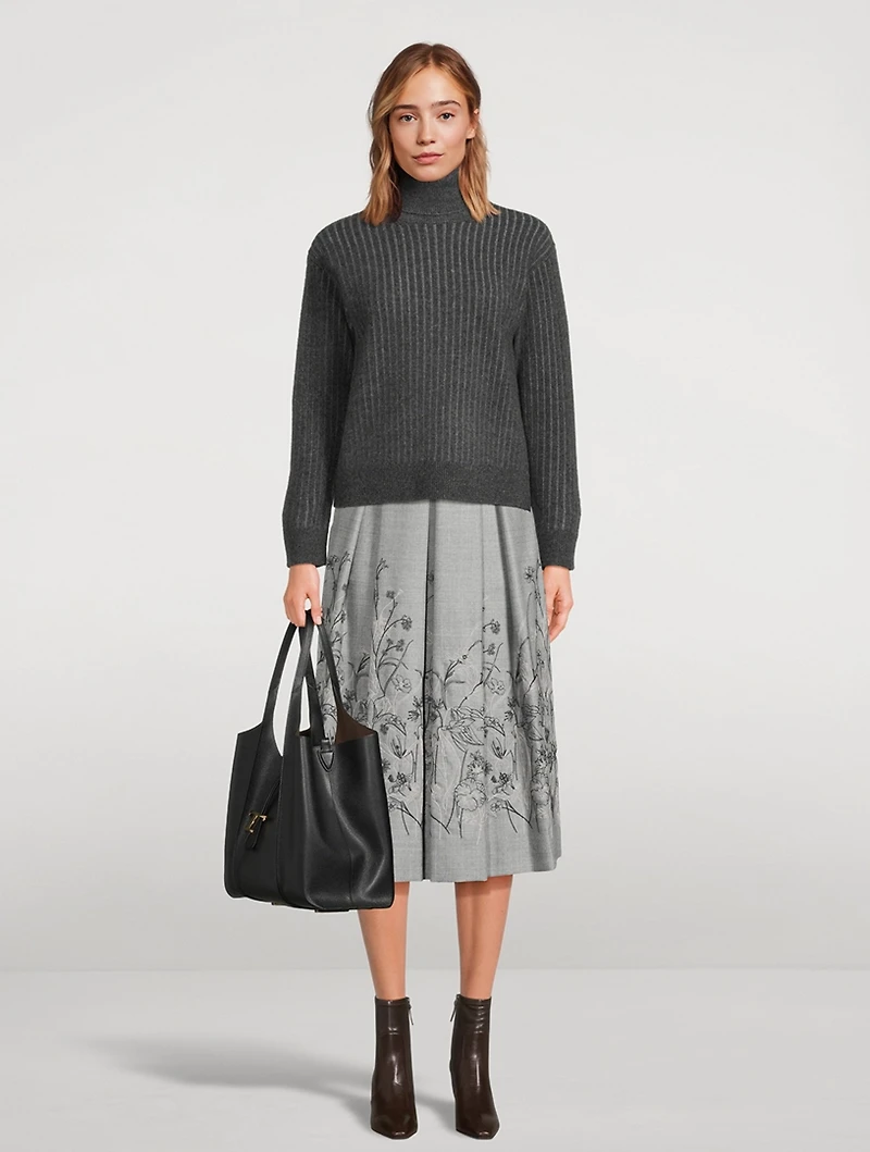 Floral-Embroidered Pleated Midi Skirt