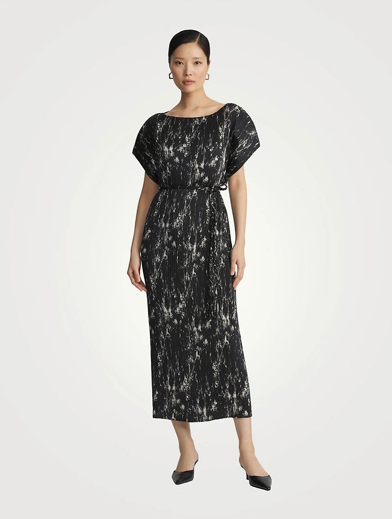 Recycled Satin Plissé Dress Shadow Print