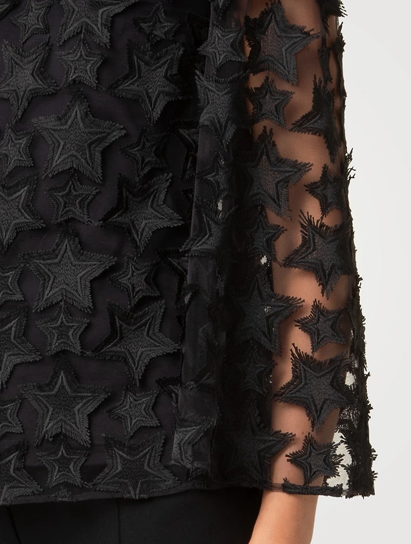 3D Star-Embroidered Tulle Blouse