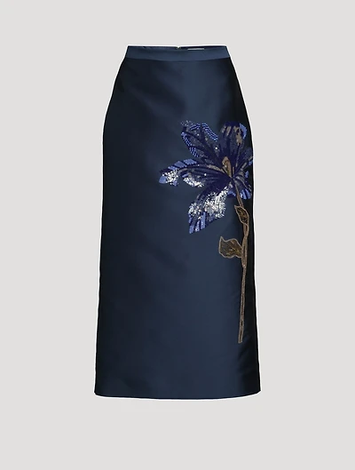 Floral-Sequin Satin Pencil Skirt