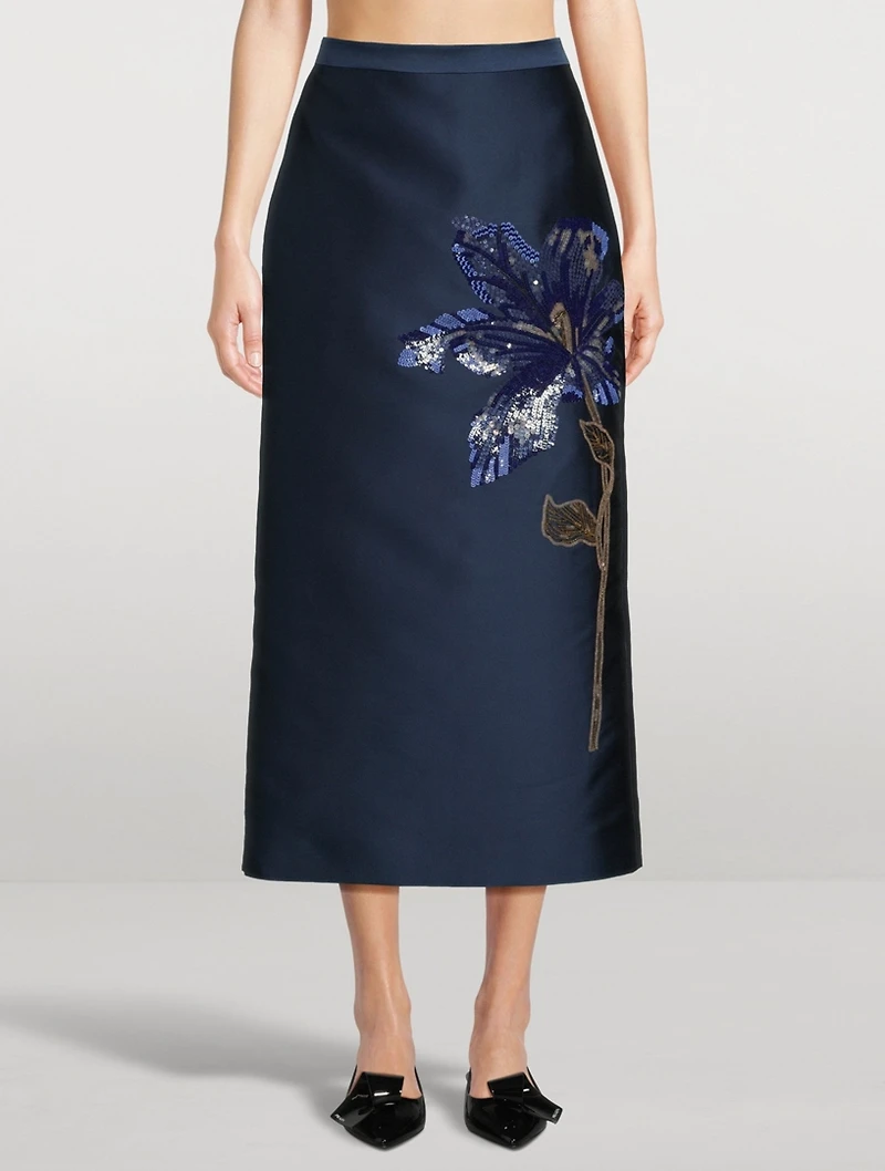 Floral-Sequin Satin Pencil Skirt