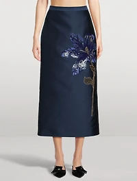 Floral-Sequin Satin Pencil Skirt