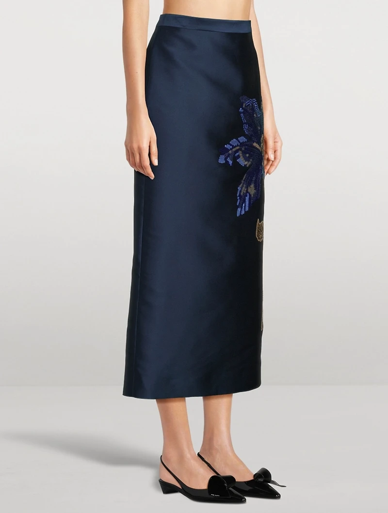 Floral-Sequin Satin Pencil Skirt