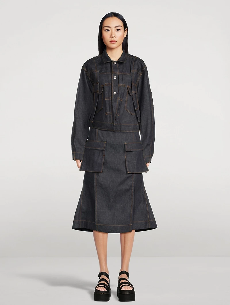 Denim Cargo Midi Skirt