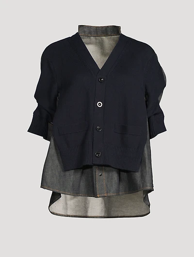 Mixed-Media Cardigan With Denim Shirt