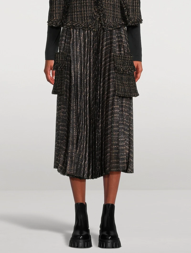 Pleated Tweed Cargo Midi Skirt