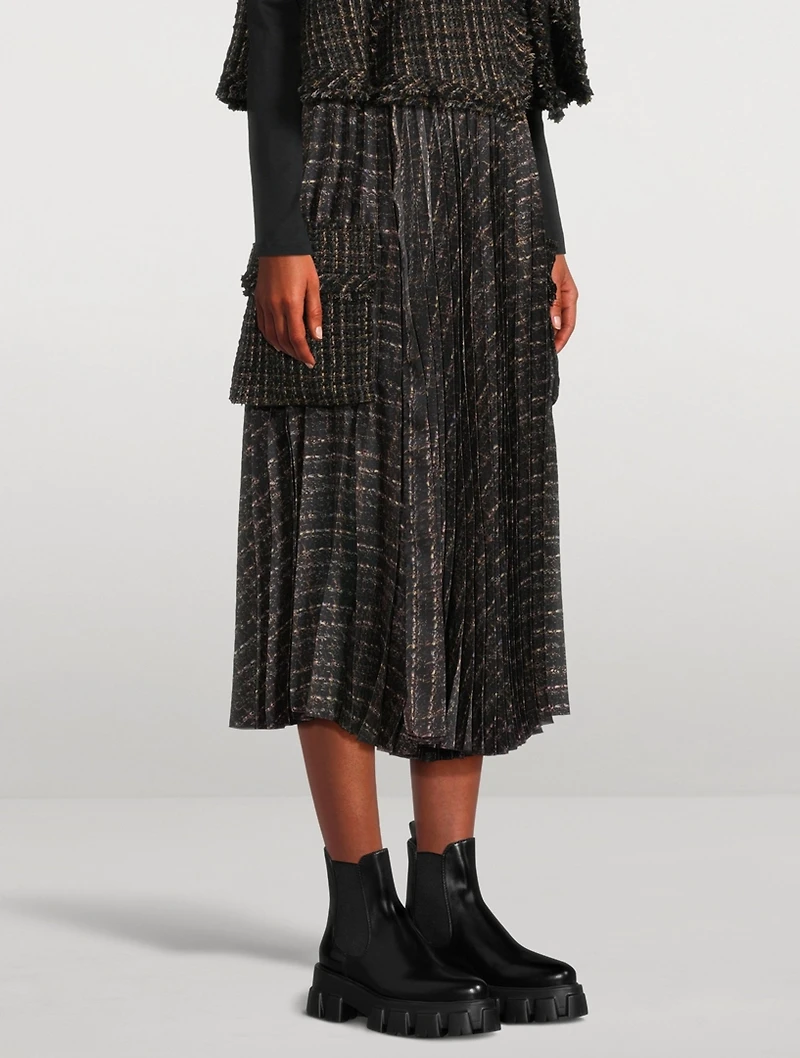 Pleated Tweed Cargo Midi Skirt