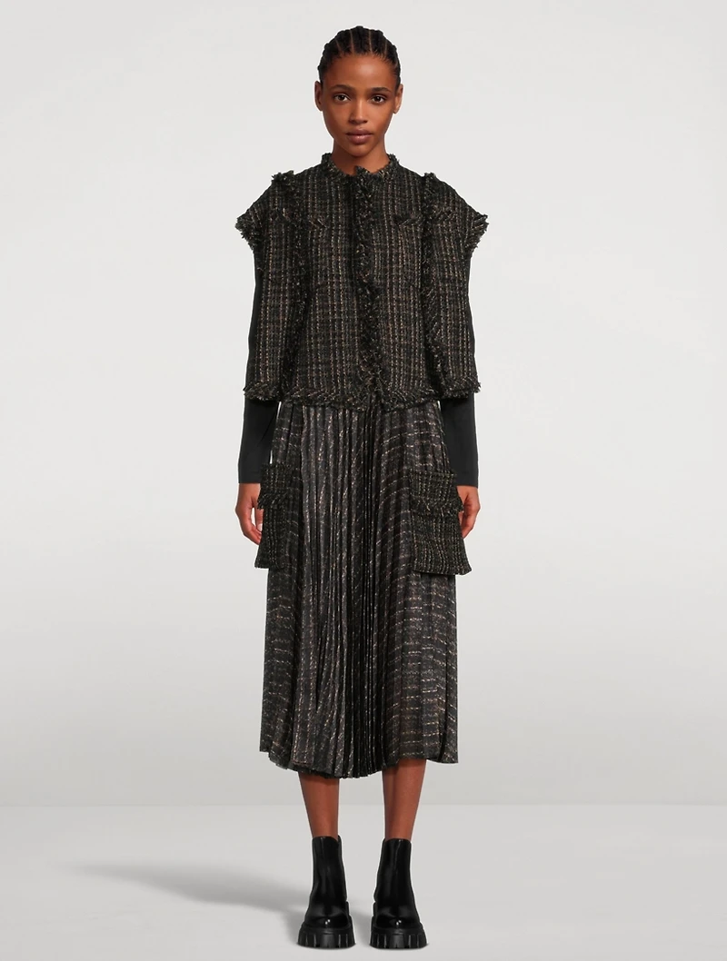 Pleated Tweed Cargo Midi Skirt